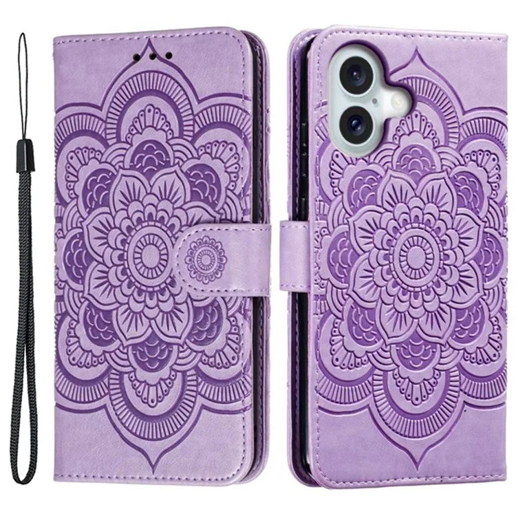 For iPhone 16 Plus Case PU Leather Mandala Imprinted Design Wallet Phone Cover