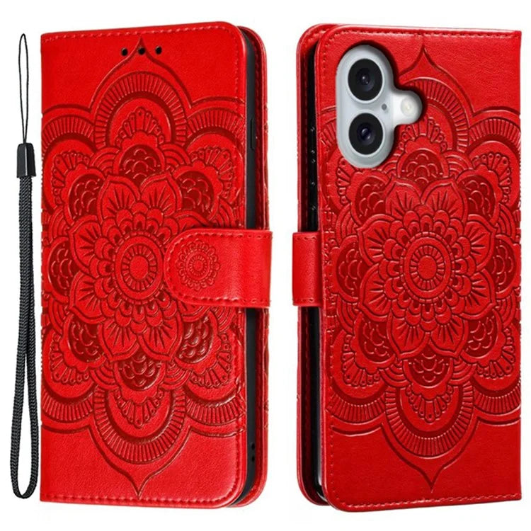 For iPhone 16 Plus Case PU Leather Mandala Imprinted Design Wallet Phone Cover
