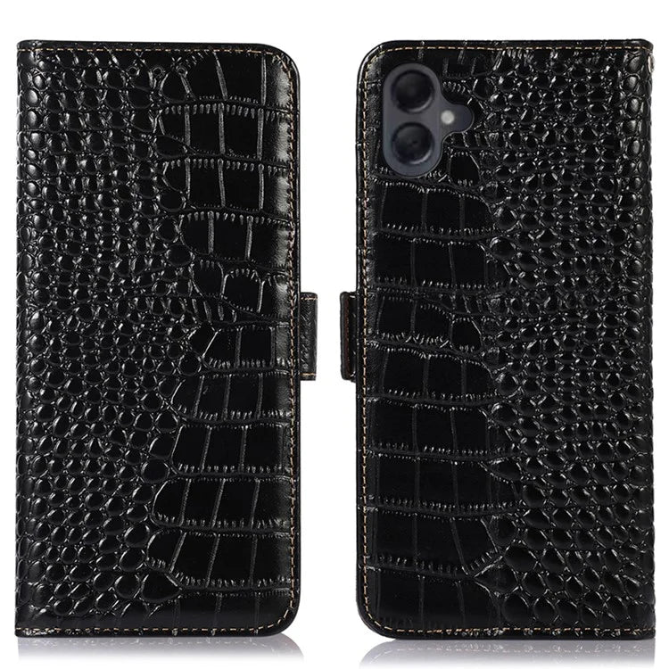 For Samsung Galaxy A06 Case Crocodile Texture Genuine Cow Leather Phone Wallet Cover