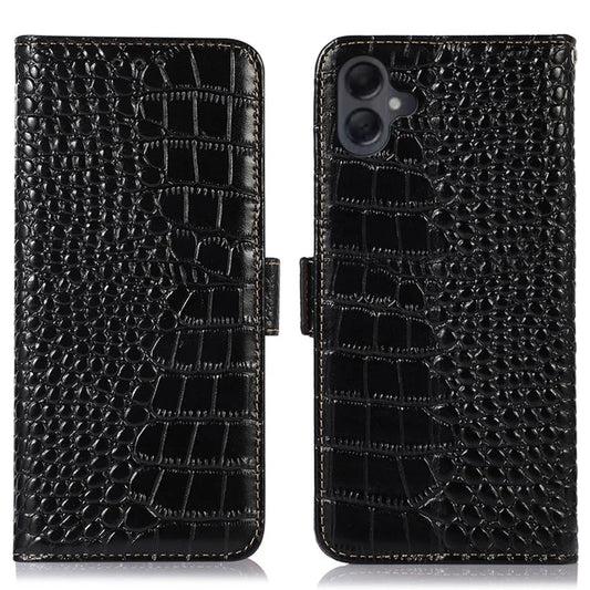 For Samsung Galaxy A06 Case Crocodile Texture Genuine Cow Leather Phone Wallet Cover