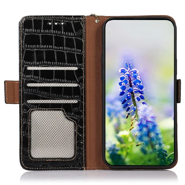 For Samsung Galaxy A06 Case Crocodile Texture Genuine Cow Leather Phone Wallet Cover