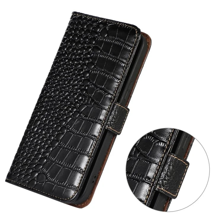 For Samsung Galaxy A06 Case Crocodile Texture Genuine Cow Leather Phone Wallet Cover