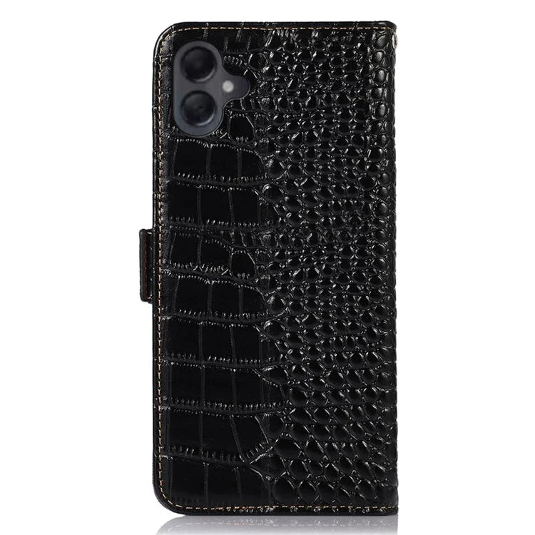 For Samsung Galaxy A06 Case Crocodile Texture Genuine Cow Leather Phone Wallet Cover