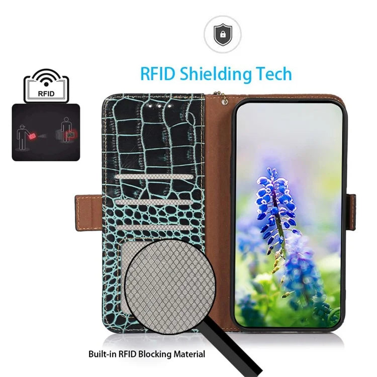 For Samsung Galaxy A06 Case Crocodile Texture Genuine Cow Leather Phone Wallet Cover
