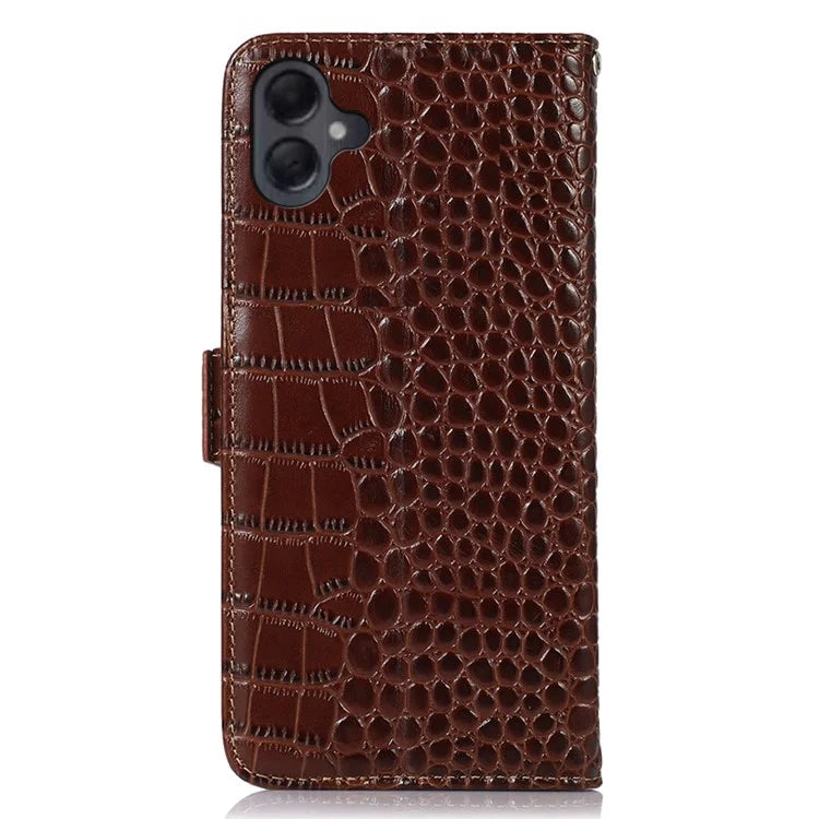 For Samsung Galaxy A06 Case Crocodile Texture Genuine Cow Leather Phone Wallet Cover