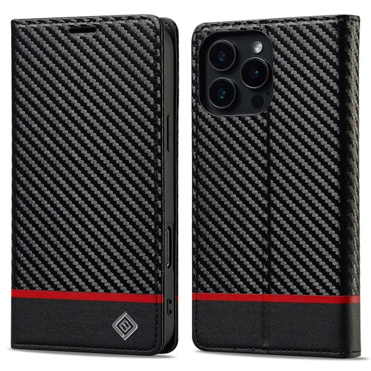 LC.IMEEKE For iPhone 16 Pro Max Case Carbon Fiber Texture Phone Cover Stand Card Holder