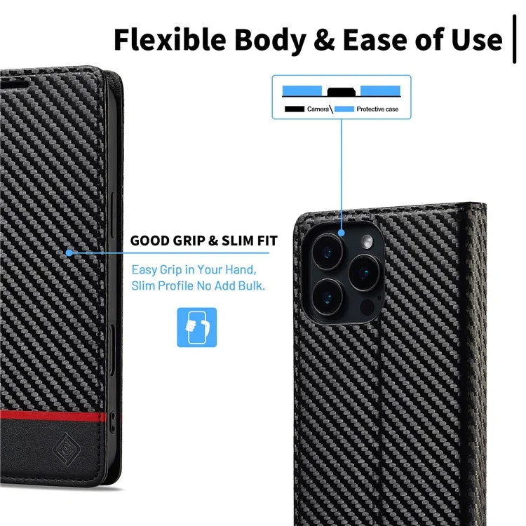 LC.IMEEKE For iPhone 16 Pro Max Case Carbon Fiber Texture Phone Cover Stand Card Holder