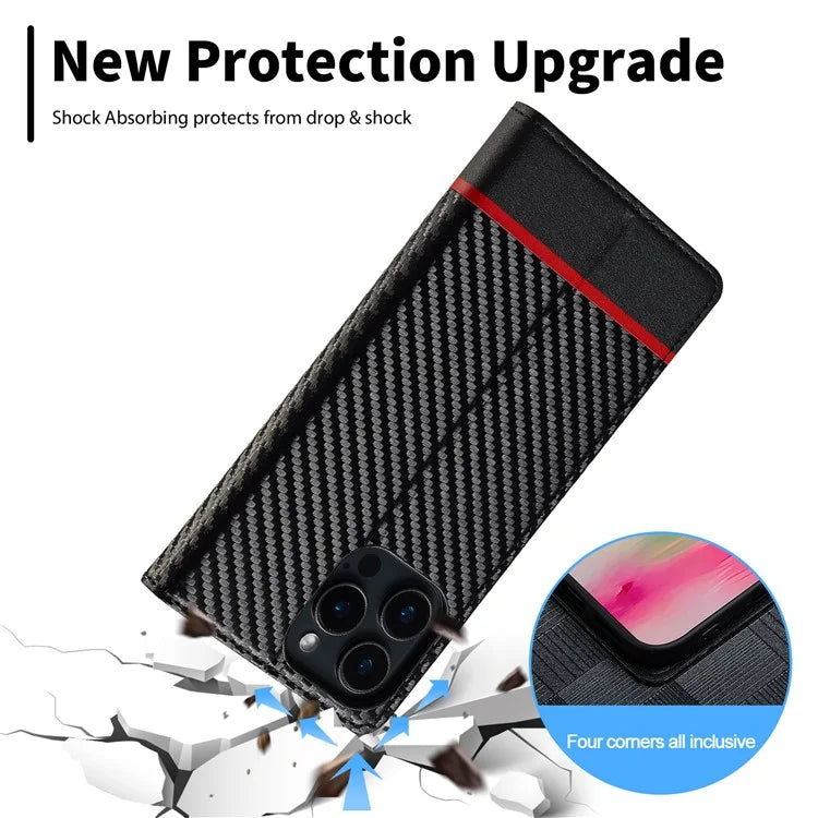 LC.IMEEKE For iPhone 16 Pro Max Case Carbon Fiber Texture Phone Cover Stand Card Holder