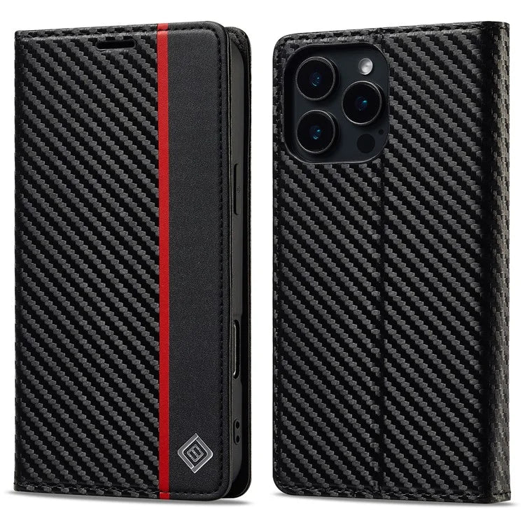 LC.IMEEKE For iPhone 16 Pro Max Case Carbon Fiber Texture Phone Cover Stand Card Holder