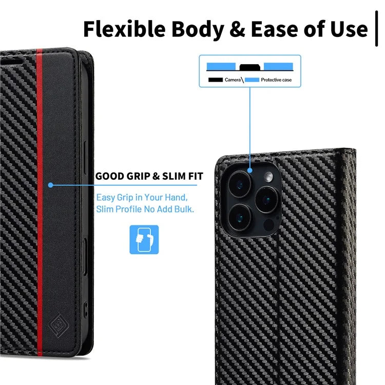 LC.IMEEKE For iPhone 16 Pro Max Case Carbon Fiber Texture Phone Cover Stand Card Holder