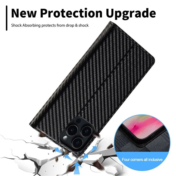 LC.IMEEKE For iPhone 16 Pro Max Case Carbon Fiber Texture Phone Cover Stand Card Holder
