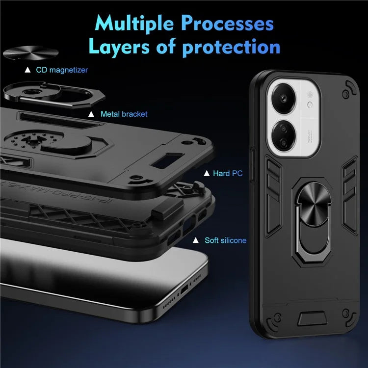 For Xiaomi Redmi 13C 5G / 13C 4G / 13R 5G / Poco C65 4G / Poco M6 5G Case PC+TPU Drop Defend Phone Cover with Ring Kickstand