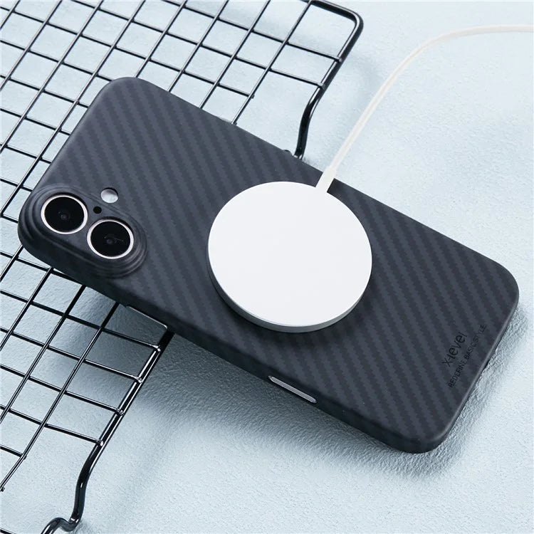 X-LEVEL For iPhone 16 Magnetic Case Ultra-Thin PC Hard Phone Cover Carbon Fiber Texture - Black