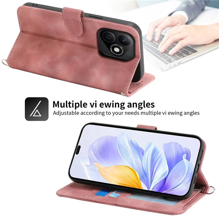 For Honor X60i 5G Case Flower Pattern PU Leather Wallet Phone Cover with Strap