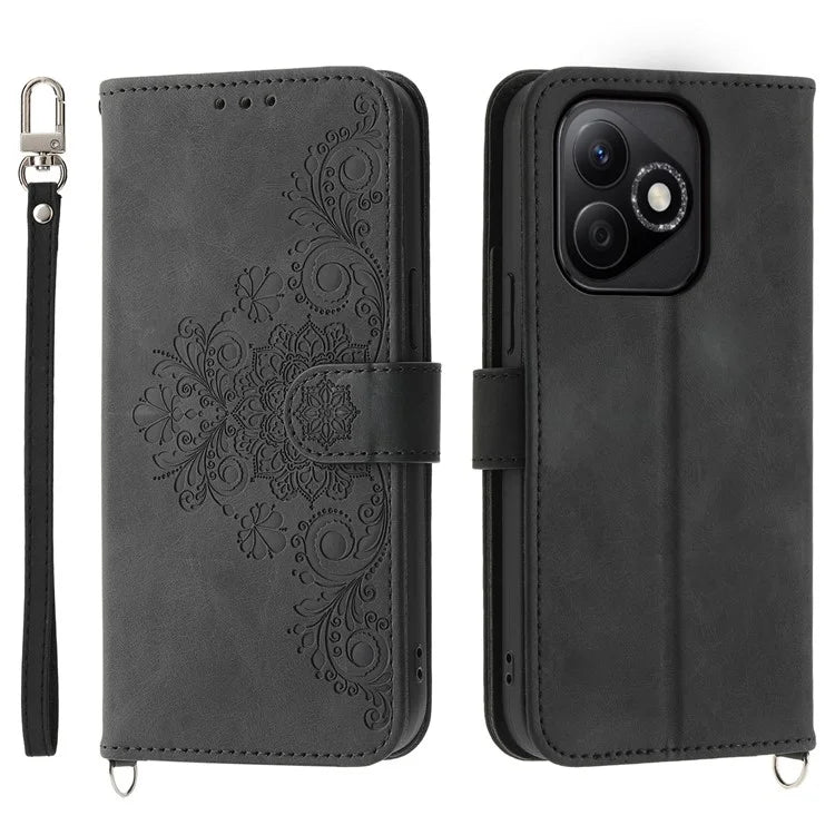 For Honor X60i 5G Case Flower Pattern PU Leather Wallet Phone Cover with Strap