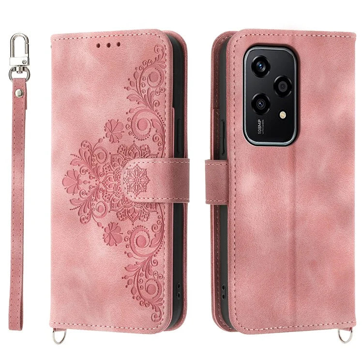For Honor 200 Lite Case Flower Pattern PU Leather Wallet Phone Cover with Strap