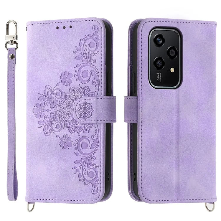 For Honor 200 Lite Case Flower Pattern PU Leather Wallet Phone Cover with Strap
