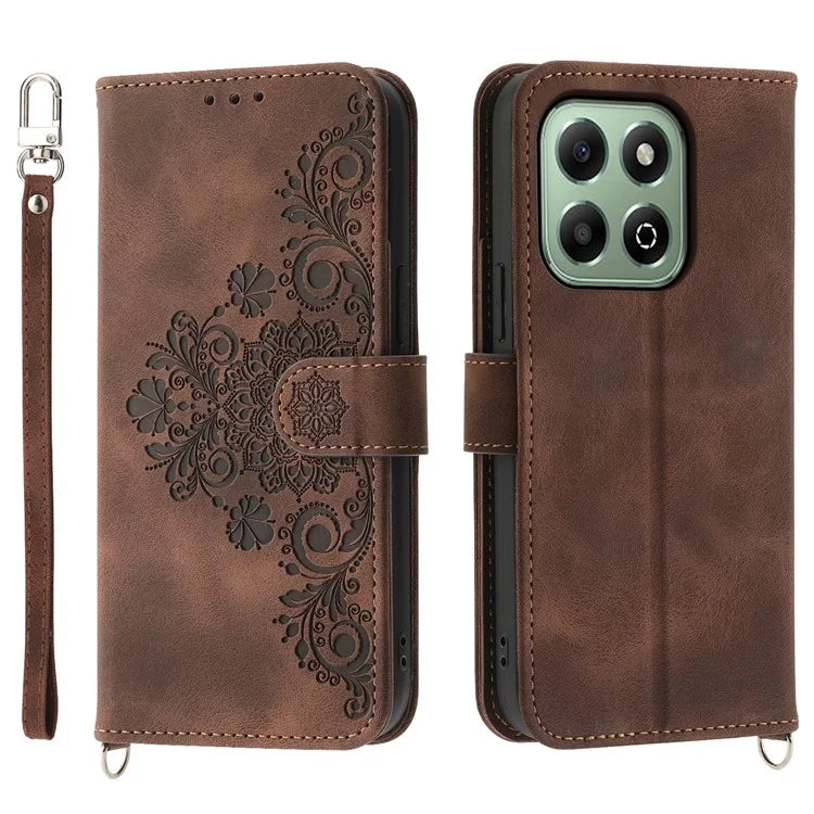 For Honor X6b 4G Case Flower Pattern PU Leather Wallet Phone Cover with Strap