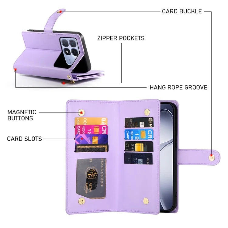 DF-011 For Xiaomi Redmi K70 Ultra Case Zipper Pocket Wallet Leather Phone Cover with Straps