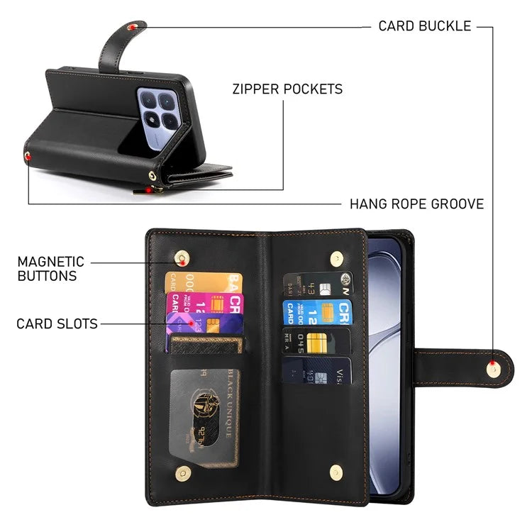 DF-011 For Xiaomi Redmi K70 Ultra Case Zipper Pocket Wallet Leather Phone Cover with Straps