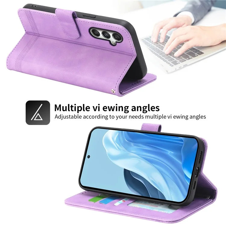 DIERFENG DF-03 For Samsung Galaxy M35 5G Leather Case Lines Imprint Wallet Phone Cover