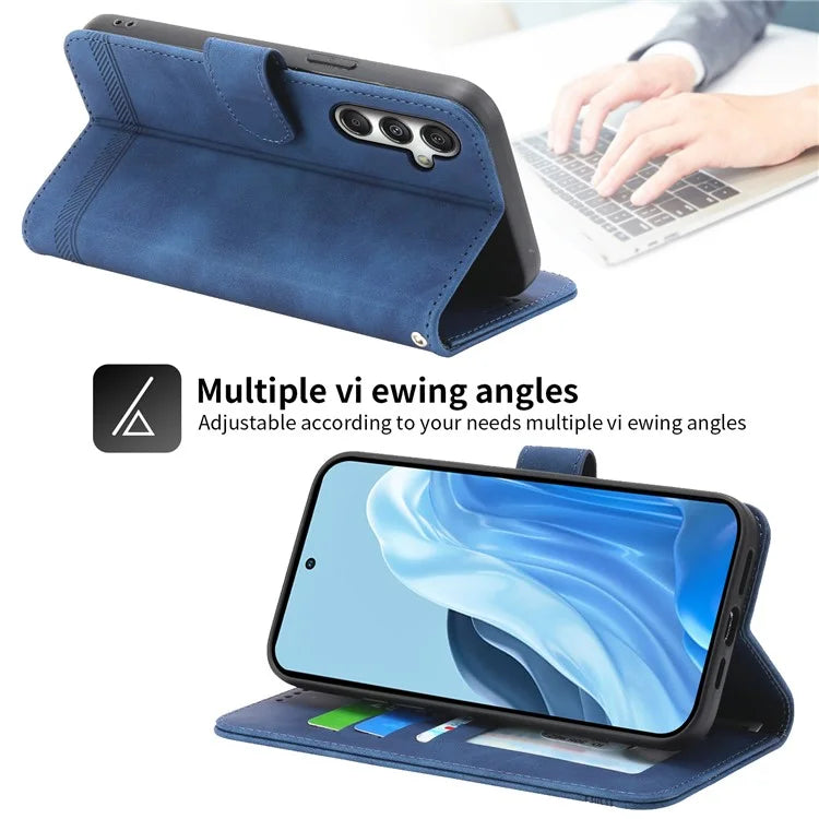 DIERFENG DF-03 For Samsung Galaxy M35 5G Leather Case Lines Imprint Wallet Phone Cover