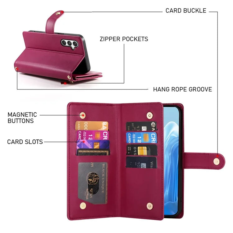 DF-011 For Samsung Galaxy M35 5G Case Zipper Pocket Wallet Leather Phone Cover with Straps