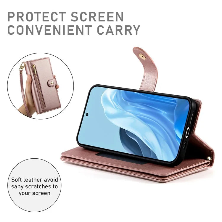 DF-011 For Samsung Galaxy M35 5G Case Zipper Pocket Wallet Leather Phone Cover with Straps