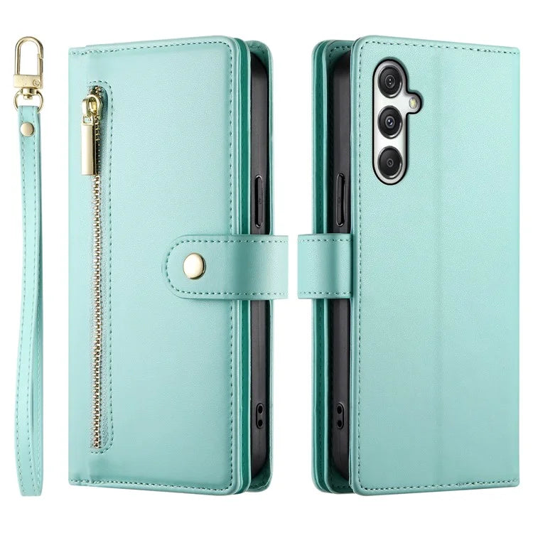 DF-011 For Samsung Galaxy M35 5G Case Zipper Pocket Wallet Leather Phone Cover with Straps