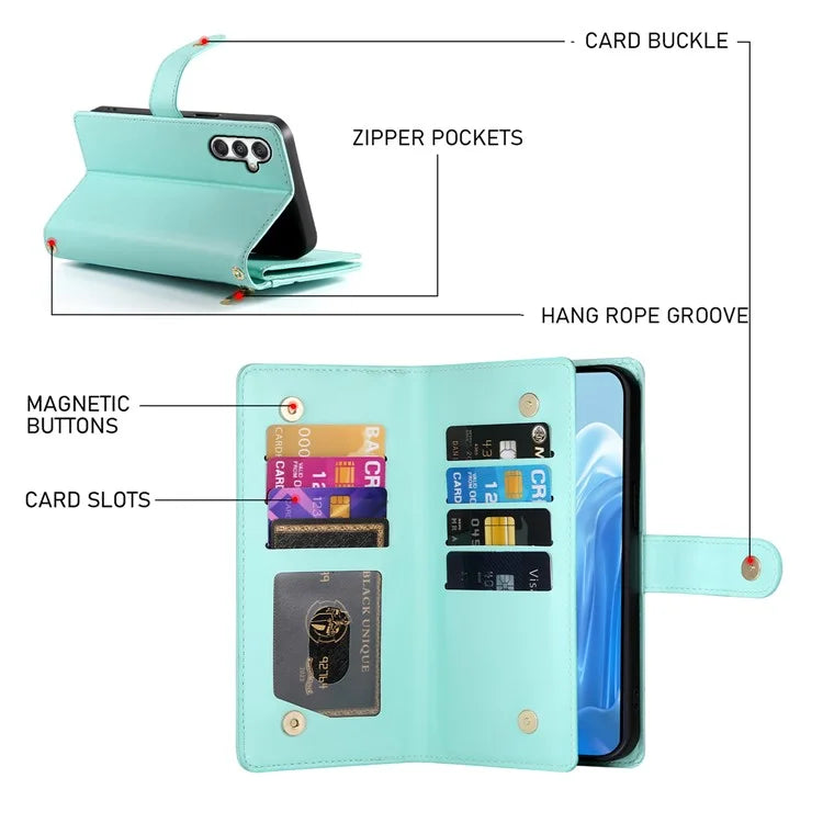 DF-011 For Samsung Galaxy M35 5G Case Zipper Pocket Wallet Leather Phone Cover with Straps