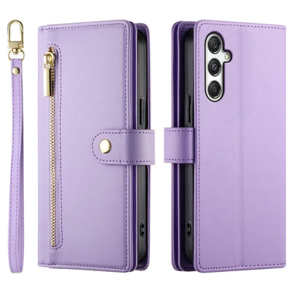 DF-011 For Samsung Galaxy M35 5G Case Zipper Pocket Wallet Leather Phone Cover with Straps