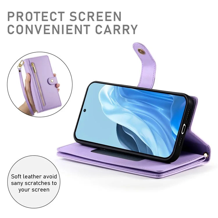 DF-011 For Samsung Galaxy M35 5G Case Zipper Pocket Wallet Leather Phone Cover with Straps