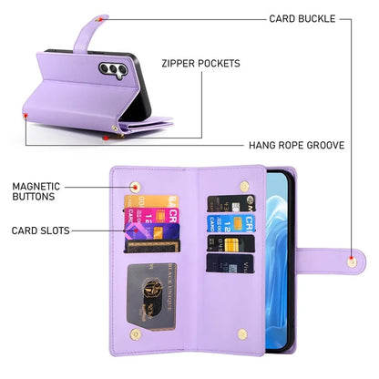 DF-011 For Samsung Galaxy M35 5G Case Zipper Pocket Wallet Leather Phone Cover with Straps