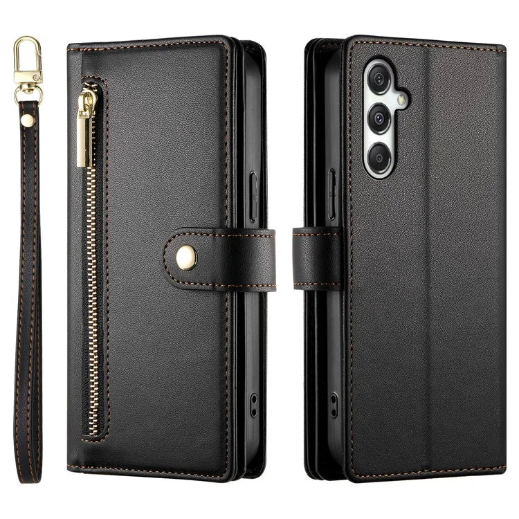 DF-011 For Samsung Galaxy M35 5G Case Zipper Pocket Wallet Leather Phone Cover with Straps
