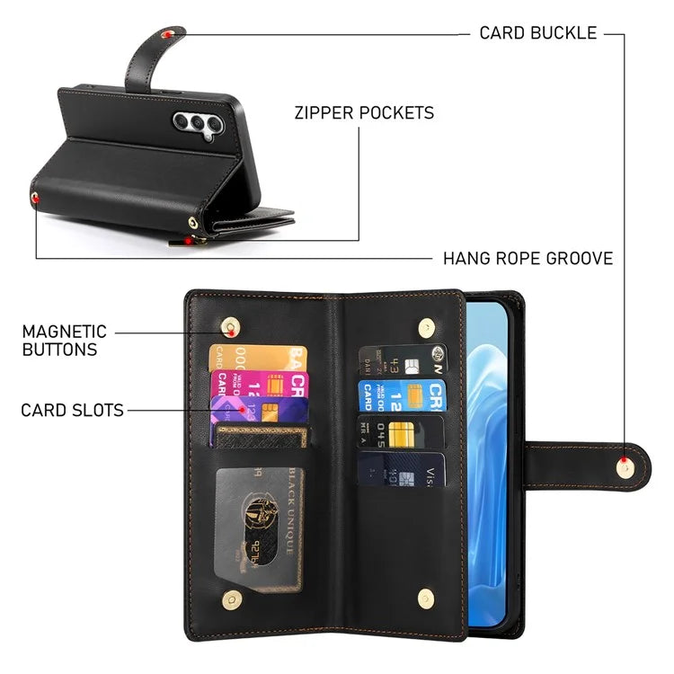 DF-011 For Samsung Galaxy M35 5G Case Zipper Pocket Wallet Leather Phone Cover with Straps