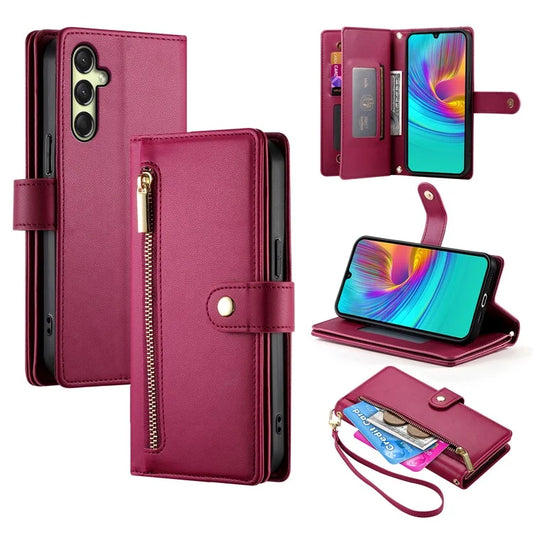 DF-011 For Samsung Galaxy A16 5G Case Zipper Pocket Wallet Leather Phone Cover with Straps