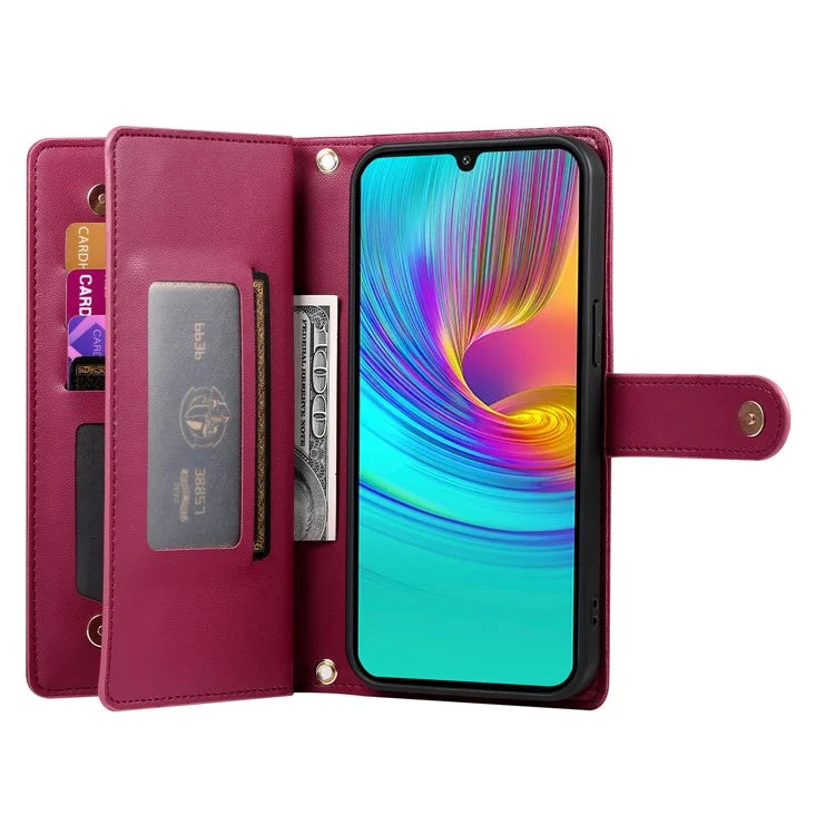 DF-011 For Samsung Galaxy A16 5G Case Zipper Pocket Wallet Leather Phone Cover with Straps