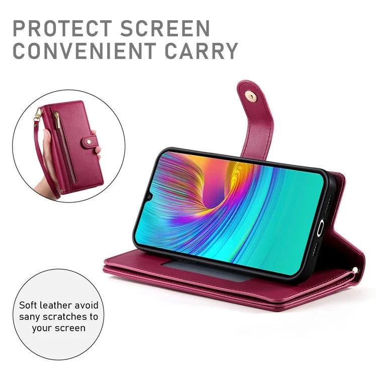 DF-011 For Samsung Galaxy A16 5G Case Zipper Pocket Wallet Leather Phone Cover with Straps