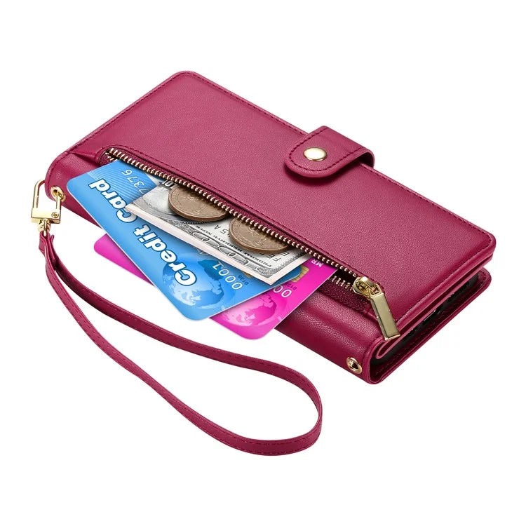 DF-011 For Samsung Galaxy A16 5G Case Zipper Pocket Wallet Leather Phone Cover with Straps