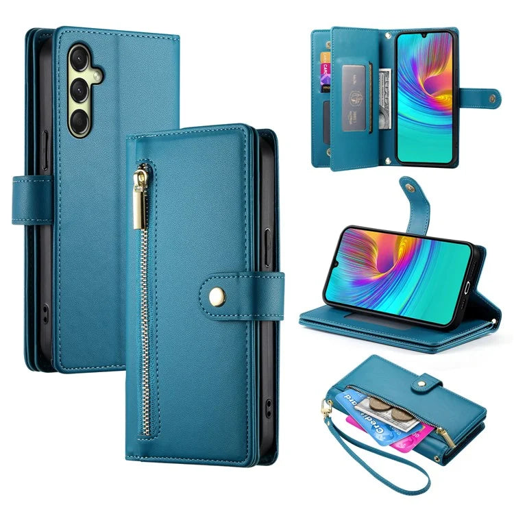 DF-011 For Samsung Galaxy A16 5G Case Zipper Pocket Wallet Leather Phone Cover with Straps