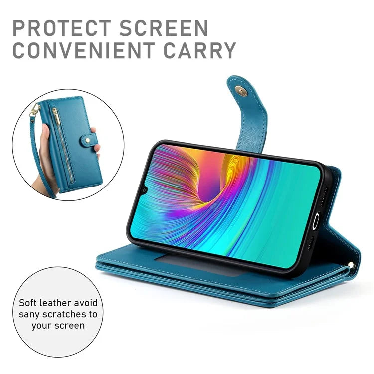 DF-011 For Samsung Galaxy A16 5G Case Zipper Pocket Wallet Leather Phone Cover with Straps