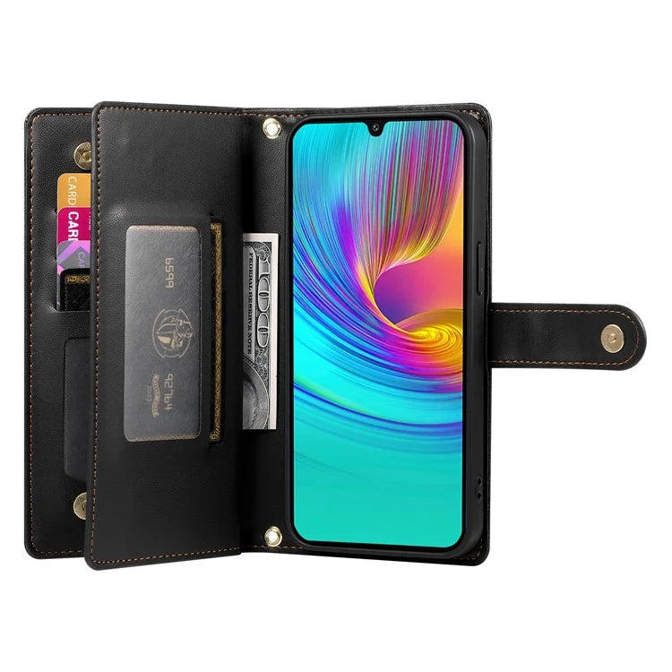 DF-011 For Samsung Galaxy A16 5G Case Zipper Pocket Wallet Leather Phone Cover with Straps
