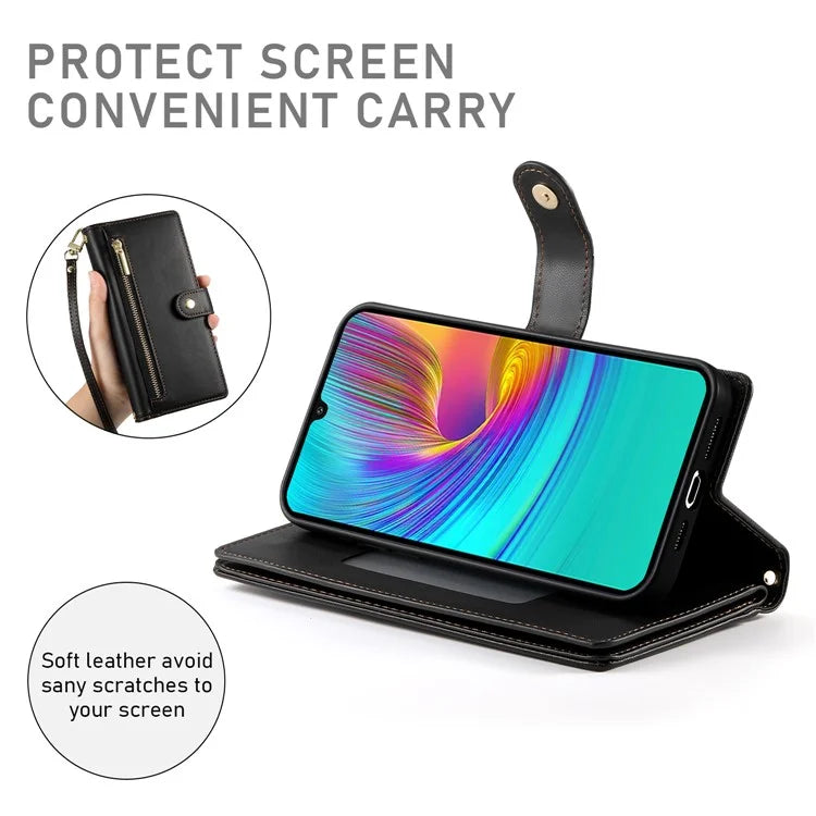 DF-011 For Samsung Galaxy A16 5G Case Zipper Pocket Wallet Leather Phone Cover with Straps