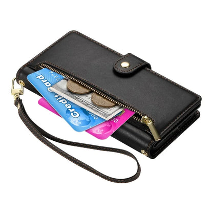 DF-011 For Samsung Galaxy A16 5G Case Zipper Pocket Wallet Leather Phone Cover with Straps
