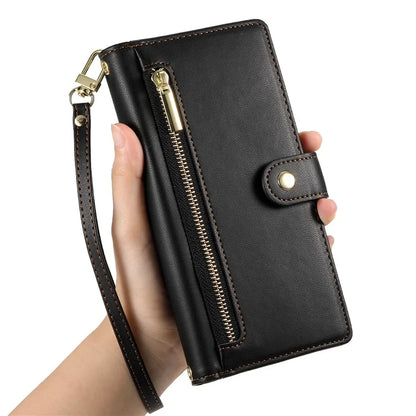 DF-011 For Samsung Galaxy A16 5G Case Zipper Pocket Wallet Leather Phone Cover with Straps