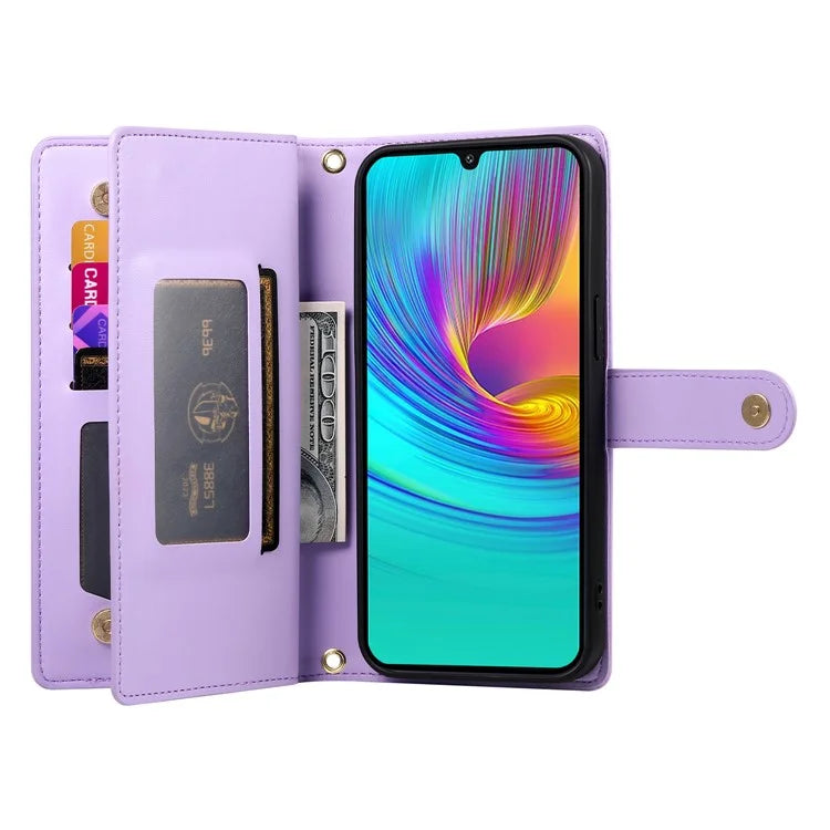 DF-011 For Samsung Galaxy A16 5G Case Zipper Pocket Wallet Leather Phone Cover with Straps