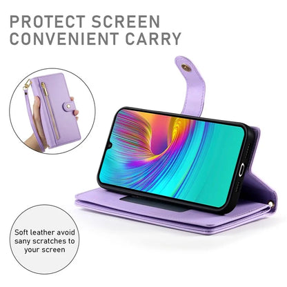 DF-011 For Samsung Galaxy A16 5G Case Zipper Pocket Wallet Leather Phone Cover with Straps