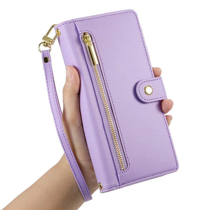 DF-011 For Samsung Galaxy A16 5G Case Zipper Pocket Wallet Leather Phone Cover with Straps