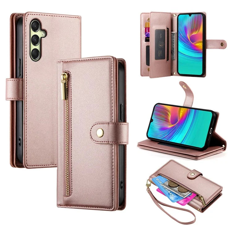 DF-011 For Samsung Galaxy A16 5G Case Zipper Pocket Wallet Leather Phone Cover with Straps
