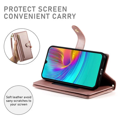 DF-011 For Samsung Galaxy A16 5G Case Zipper Pocket Wallet Leather Phone Cover with Straps